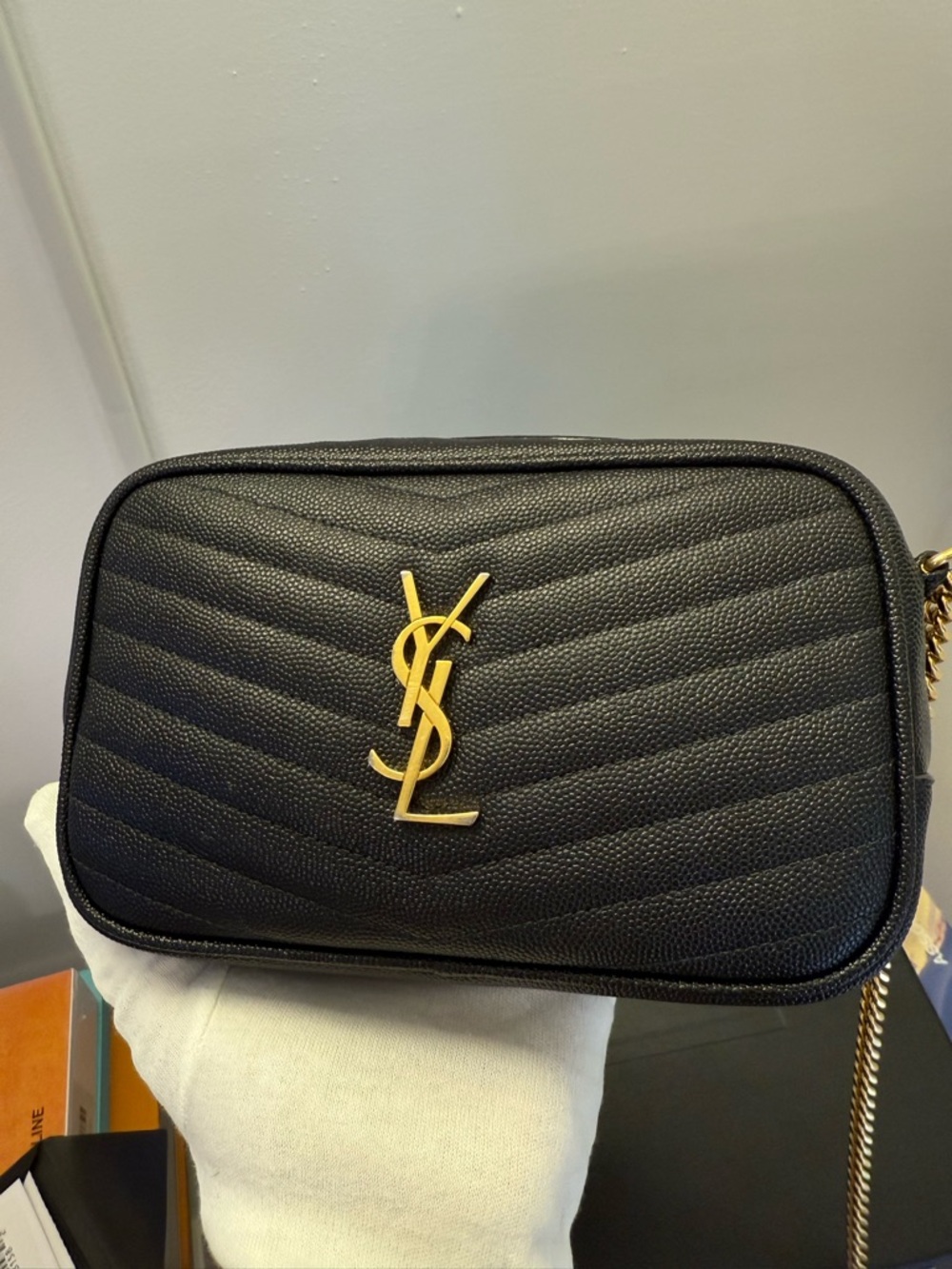 Saint Laurent Black Quilted Crossbody Camera Bag with Gold YSL Emblem